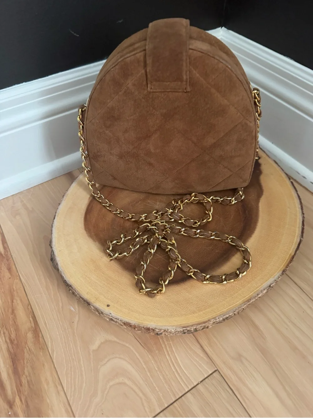 Brown Suede Quilted Crossbody Bag with Gold Chain